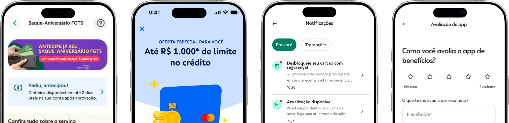 Banner com 4 imagens de telas de celular.